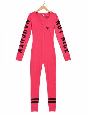 VS PINK Naughty Not Nice One Piece Onesie Pajamas Thermal Butt Flap Red Small